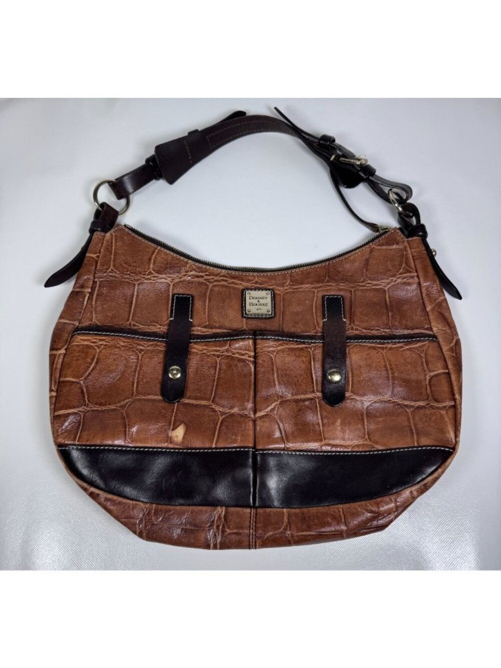 Dooney & Bourke Crocodile Embossed Brown Leather Hobo Shoulder Bag Slouchy